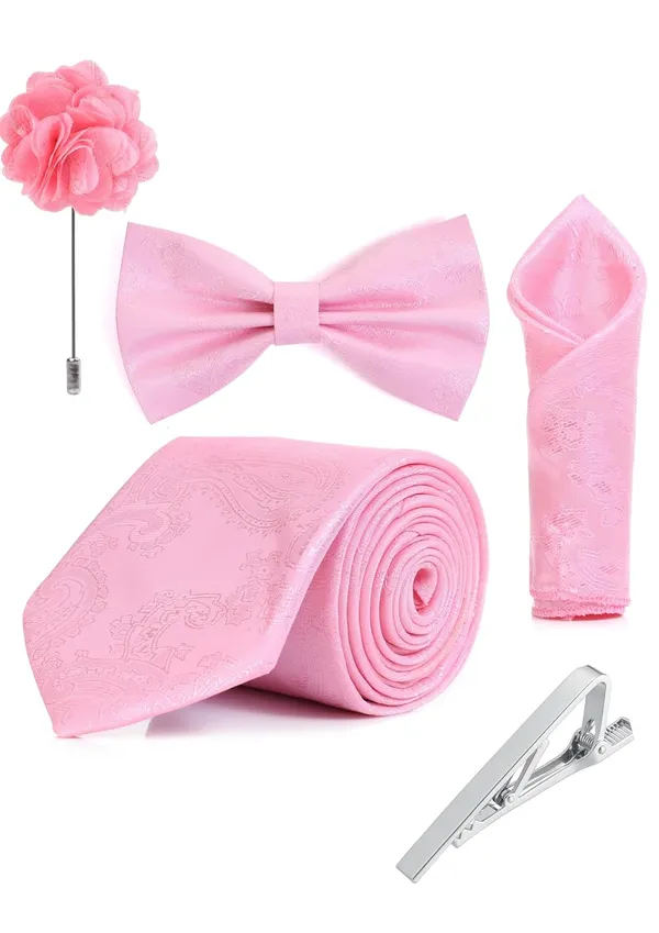 Random_Stripe_Necktie_Set_With_Bow_Tie_Pocket_Square_Lapel_Flowar_&_Lapel_Brooch_&_Cufflink_Pair_&_TiePin_(Three_Type_Combo_Box)