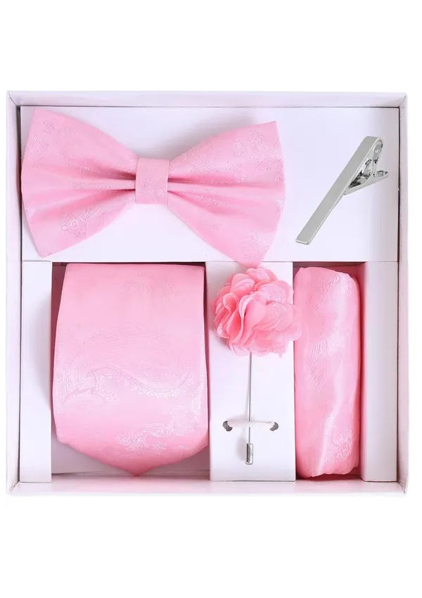 Random_Stripe_Necktie_Set_With_Bow_Tie_Pocket_Square_Lapel_Flowar_&_Lapel_Brooch_&_Cufflink_Pair_&_TiePin_(Three_Type_Combo_Box)