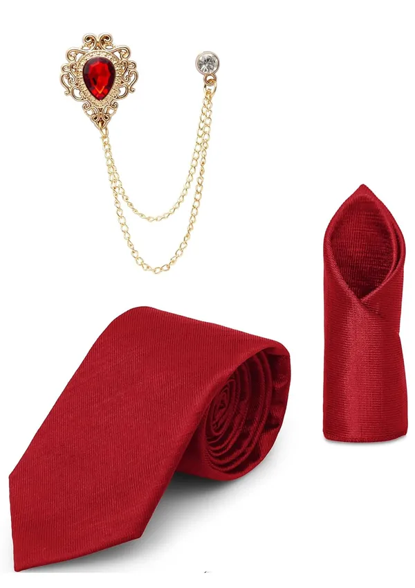 Tie_Set_For_men_Includes_necktie,_matching_pocket_square_&_stylish_crown_brooch_with_chain.