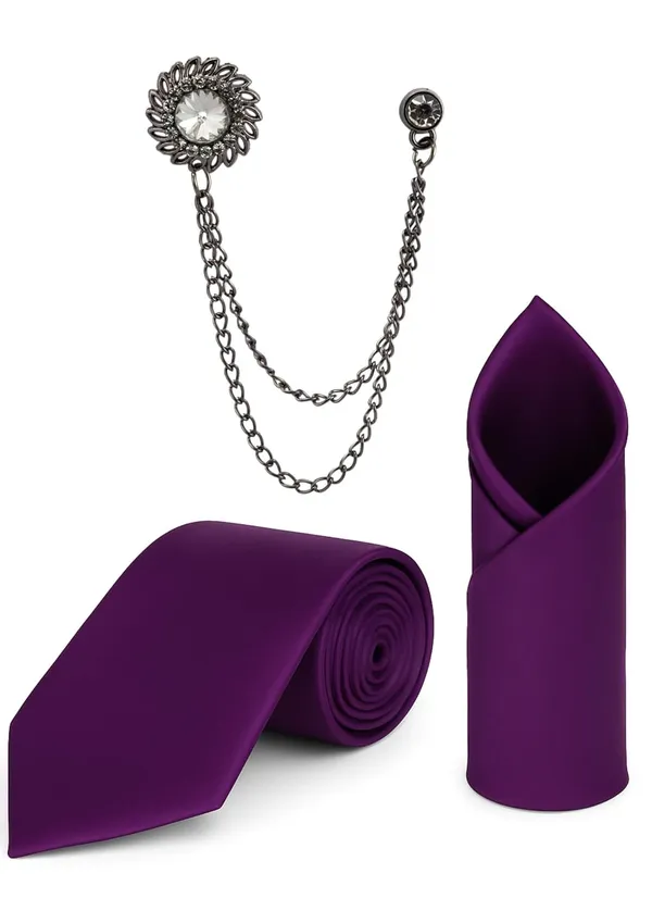 Necktie_With_Pocket_Square_&_Double_Chain_Brooch_Plain_Silk_Fabric_(Pack_of_3)
