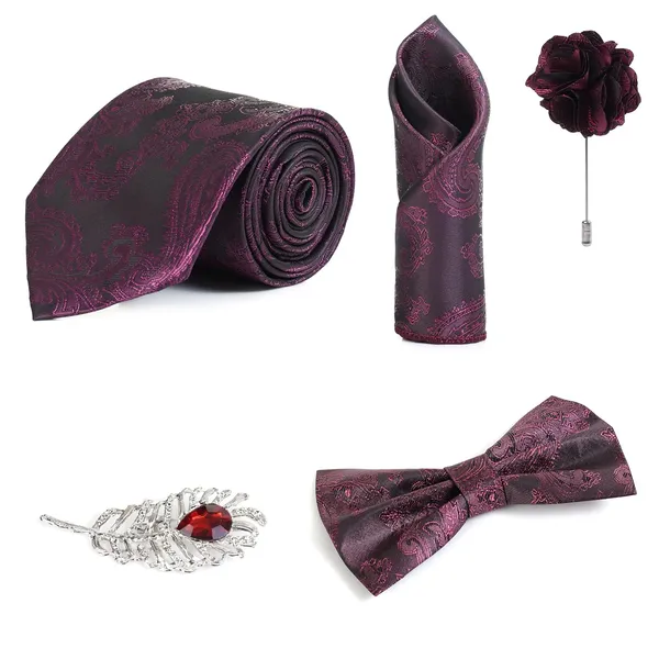 Random_Stripe_Necktie_Set_With_Bow_Tie_Pocket_Square_Lapel_Flowar_&_Lapel_Brooch_&_Cufflink_Pair_&_TiePin_(Three_Type_Combo_Box)