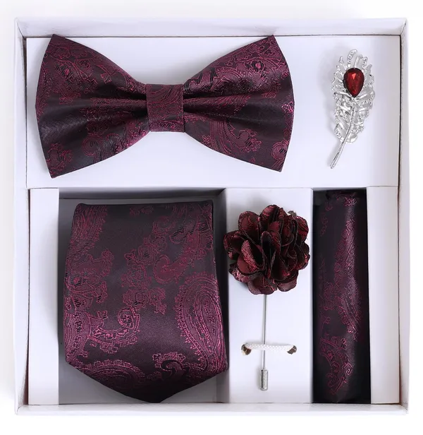 Random_Stripe_Necktie_Set_With_Bow_Tie_Pocket_Square_Lapel_Flowar_&_Lapel_Brooch_&_Cufflink_Pair_&_TiePin_(Three_Type_Combo_Box)