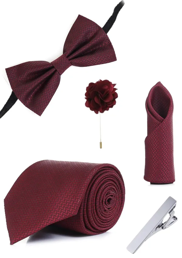 5-in-1_Premium_Formal_Combo_Set_for_Men_|_Necktie,_Bow_Tie,_Pocket_Square,_Lapel_Pin_&_Tie_Clip_|_Maroon_Patterned_Design_|_Wedding_&_Office_Gift_Set