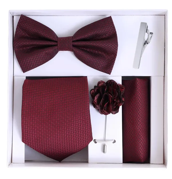 5-in-1_Premium_Formal_Combo_Set_for_Men_|_Necktie,_Bow_Tie,_Pocket_Square,_Lapel_Pin_&_Tie_Clip_|_Maroon_Patterned_Design_|_Wedding_&_Office_Gift_Set
