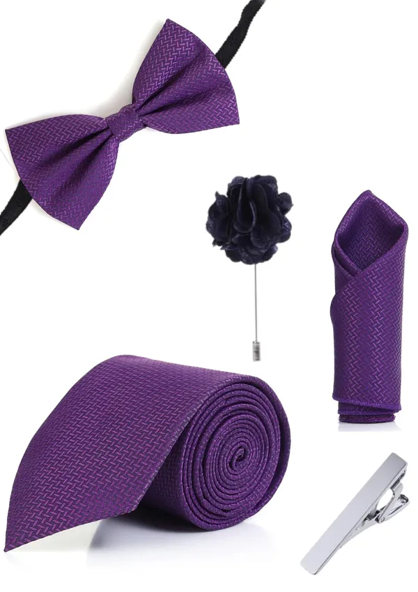 5-in-1_Premium_Formal_Combo_Set_for_Men_|_Necktie,_Bow_Tie,_Pocket_Square,_Lapel_Pin_&_Tie_Clip_|_Maroon_Patterned_Design_|_Wedding_&_Office_Gift_Set