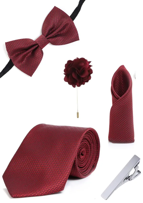 5-in-1_Premium_Formal_Combo_Set_for_Men_|_Necktie,_Bow_Tie,_Pocket_Square,_Lapel_Pin_&_Tie_Clip_|_Maroon_Patterned_Design_|_Wedding_&_Office_Gift_Set