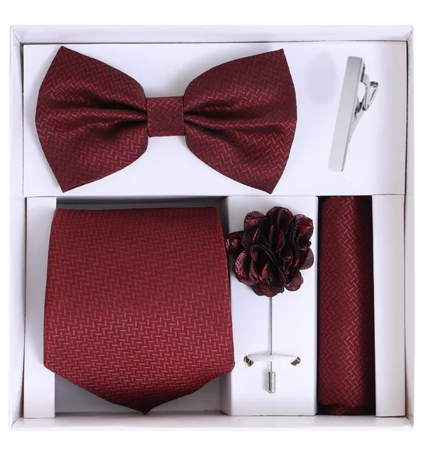5-in-1_Premium_Formal_Combo_Set_for_Men_|_Necktie,_Bow_Tie,_Pocket_Square,_Lapel_Pin_&_Tie_Clip_|_Maroon_Patterned_Design_|_Wedding_&_Office_Gift_Set
