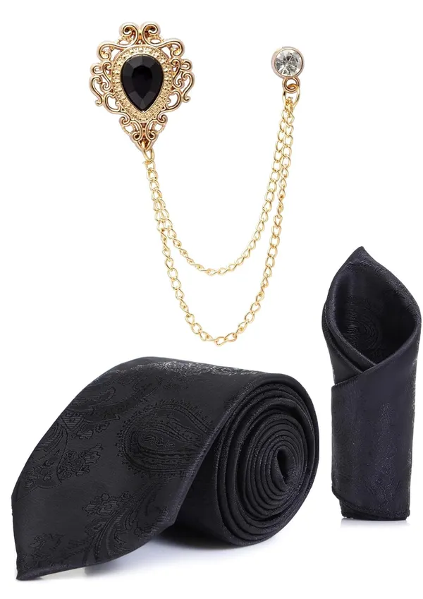 Men_Paisley_Satin_Tie,_Pocket_Square_&_Brooch_Combo_Set_Party_&_Formal_Wear_Available_in_16_Colors