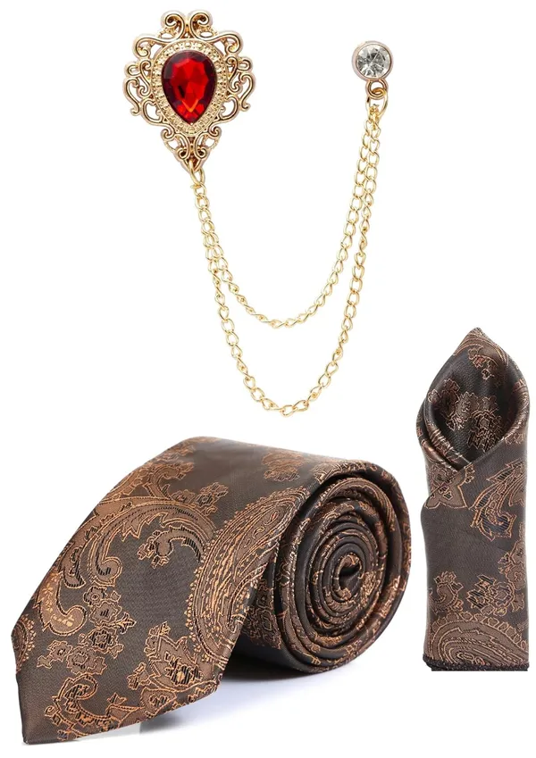 Men_Paisley_Satin_Tie,_Pocket_Square_&_Brooch_Combo_Set_Party_&_Formal_Wear_Available_in_16_Colors
