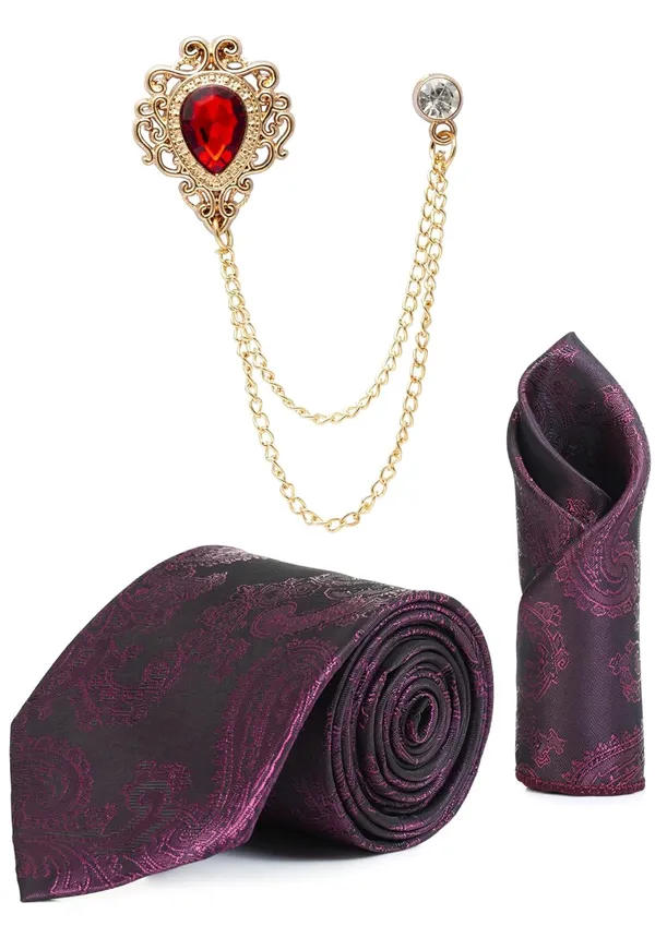Men_Paisley_Satin_Tie,_Pocket_Square_&_Brooch_Combo_Set_Party_&_Formal_Wear_Available_in_16_Colors