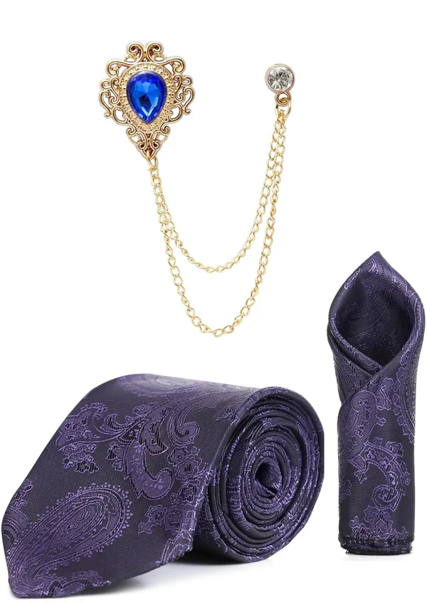 Men_Paisley_Satin_Tie,_Pocket_Square_&_Brooch_Combo_Set_Party_&_Formal_Wear_Available_in_16_Colors
