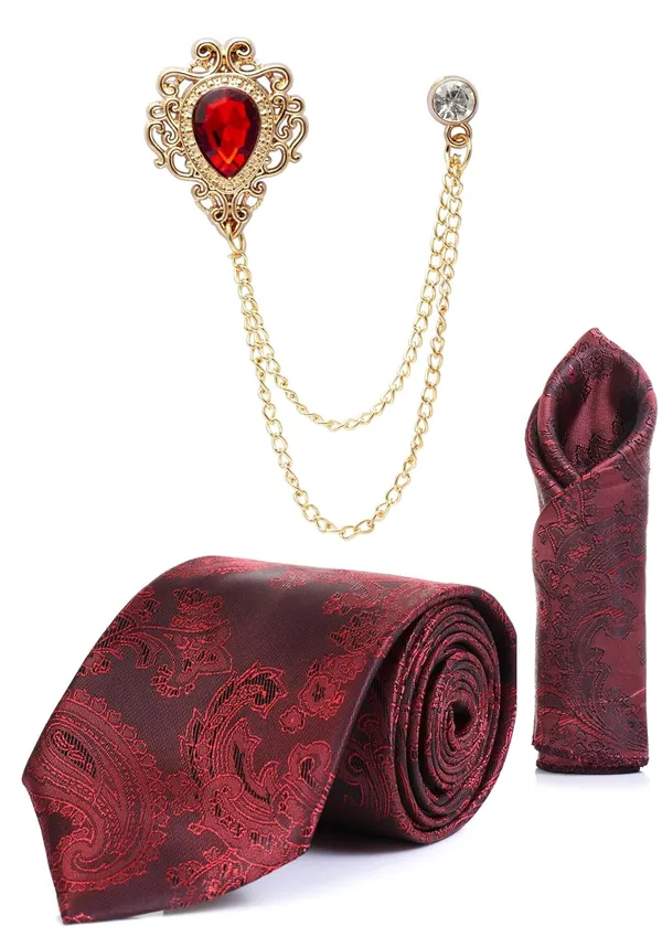 Men_Paisley_Satin_Tie,_Pocket_Square_&_Brooch_Combo_Set_Party_&_Formal_Wear_Available_in_16_Colors