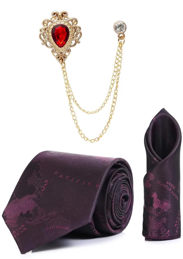 Men_World_Map_Printed_Satin_Tie,_Pocket_Square_&_Brooch_Combo_Set_Formal_Wear_Available_in_12_Colors