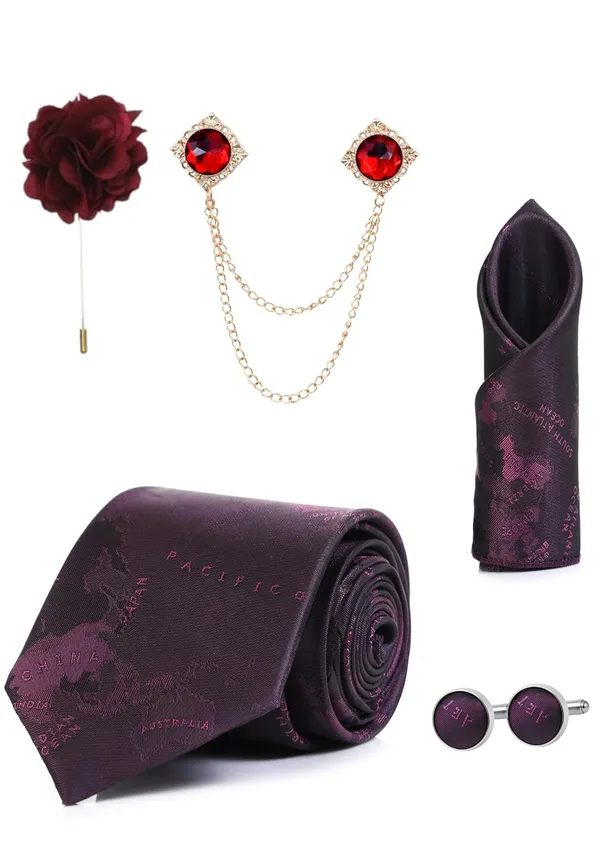 Premium_Men's_Maroon_Tie_Combo_Set_|_Necktie,_Pocket_Square,_Brooch,_Lapel_Pin_&_Cufflinks_Gift_Set_for_Men_|_Wedding_&_Formal_Wear_Accessories_(12_Colors_Available)