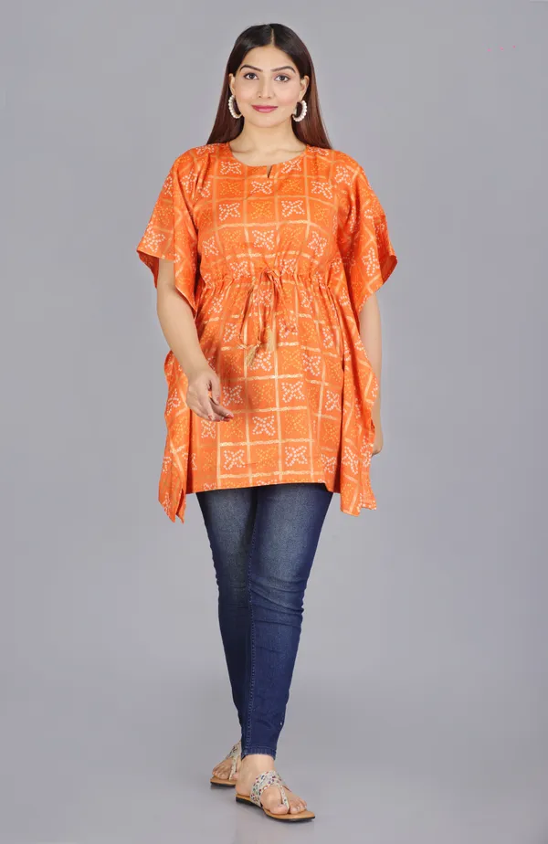 Orange_Pure_Cotton_Printed_Round_Neck_Kaftan_For_Women