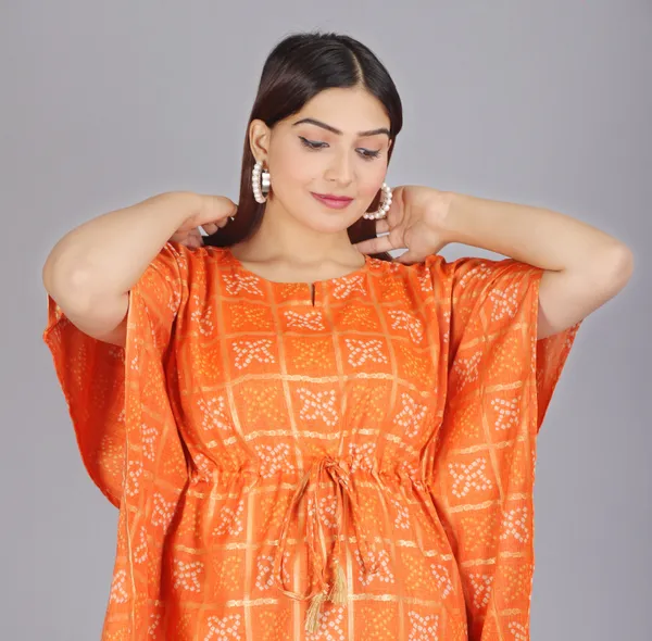 Orange_Pure_Cotton_Printed_Round_Neck_Kaftan_For_Women
