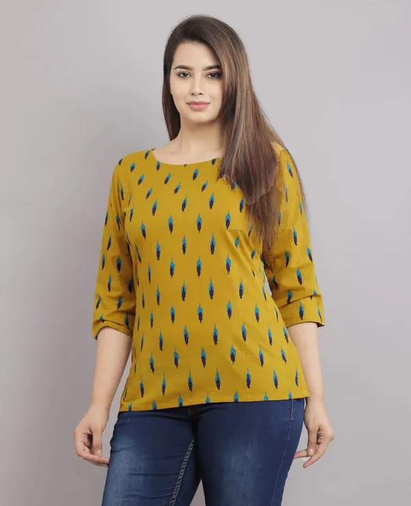 Yellow_Cotton_Blend_Round_Neck_Printed_For_Women