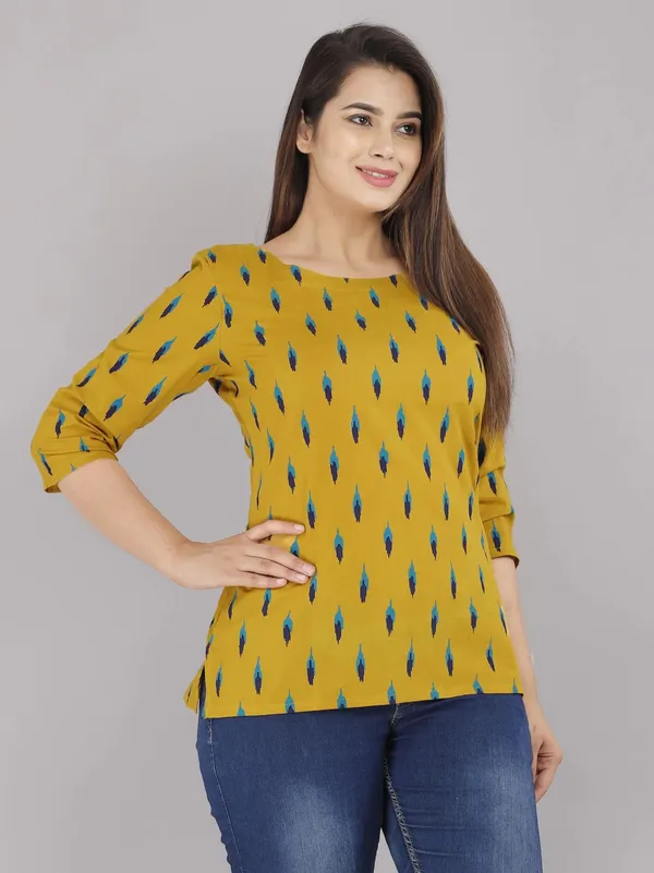 Yellow_Cotton_Blend_Round_Neck_Printed_For_Women