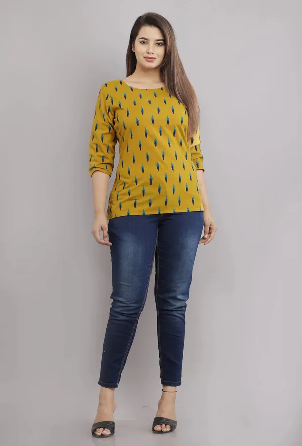 Yellow_Cotton_Blend_Round_Neck_Printed_For_Women