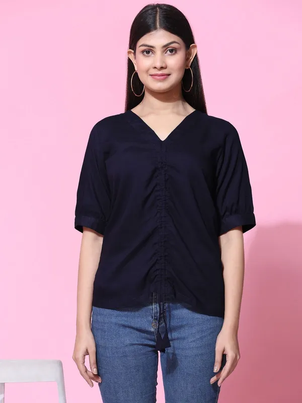 Dark_Blue_Viscose_Rayon_V-Neck_Solid_For_Women