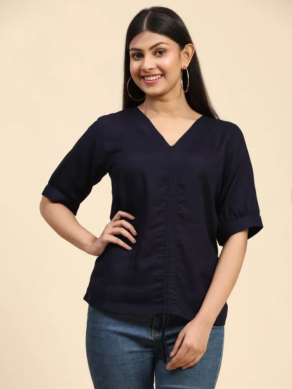 Dark_Blue_Viscose_Rayon_V-Neck_Solid_For_Women