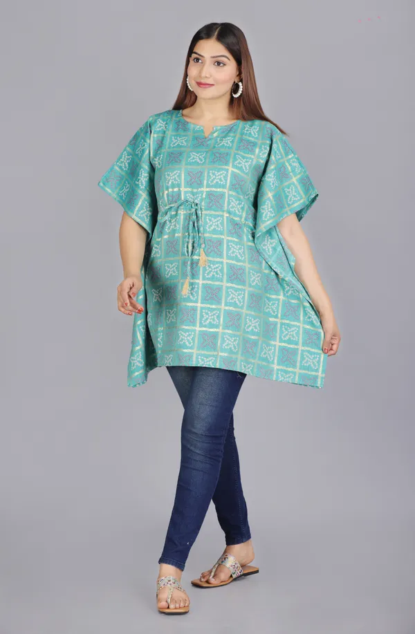 Blue_Pure_Cotton_Printed_V_Neck_Kaftan_For_Women