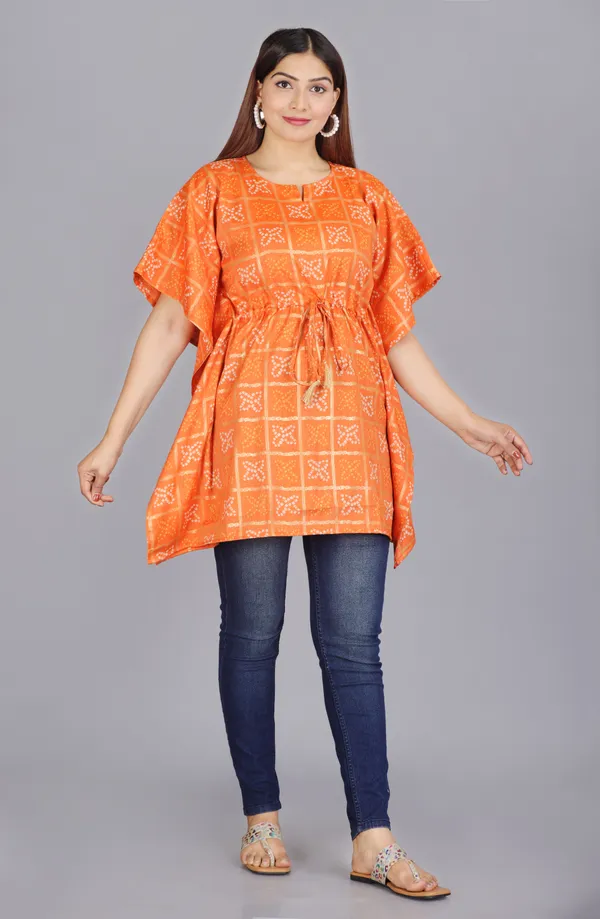 Orange_Pure_Cotton_Printed_V_Neck_Kaftan_For_Women