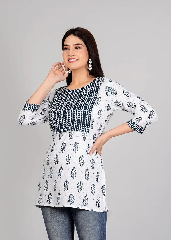 Blue_&_White_Trendy_Design_Viscose_Rayon_Party_Printed_Top_For_Women