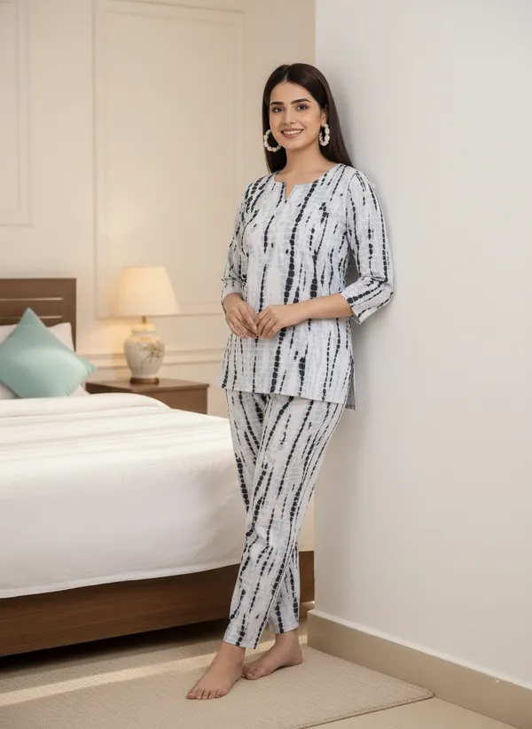 White_&_Black_Trendy_Design_Viscose_Rayon_Polka_Print_Top_&_Pyjama_Set_For_Women