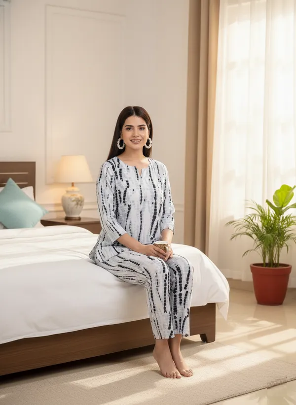 White_&_Black_Trendy_Design_Viscose_Rayon_Polka_Print_Top_&_Pyjama_Set_For_Women