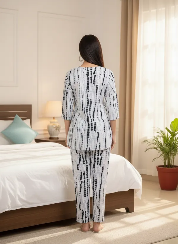 White_&_Black_Trendy_Design_Viscose_Rayon_Polka_Print_Top_&_Pyjama_Set_For_Women