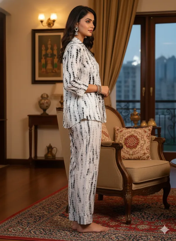 White_Trendy_Design_Viscose_Rayon_Printed_Shirt_&_Pyjama_Set_For_Women