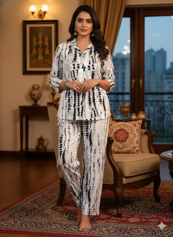 White_Trendy_Design_Viscose_Rayon_Printed_Shirt_&_Pyjama_Set_For_Women