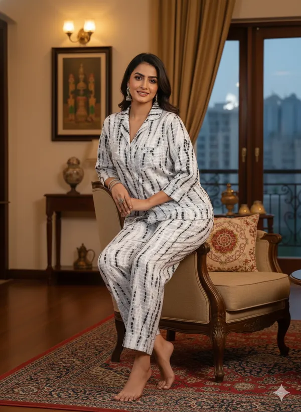 White_Trendy_Design_Viscose_Rayon_Printed_Shirt_&_Pyjama_Set_For_Women