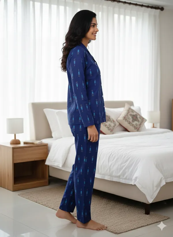 Blue_Trendy_Design_Viscose_Rayon_Printed_Shirt_&_Pyjama_Set_For_Women