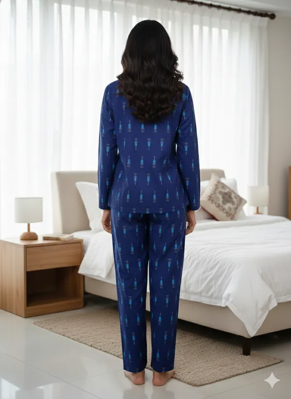 Blue_Trendy_Design_Viscose_Rayon_Printed_Shirt_&_Pyjama_Set_For_Women
