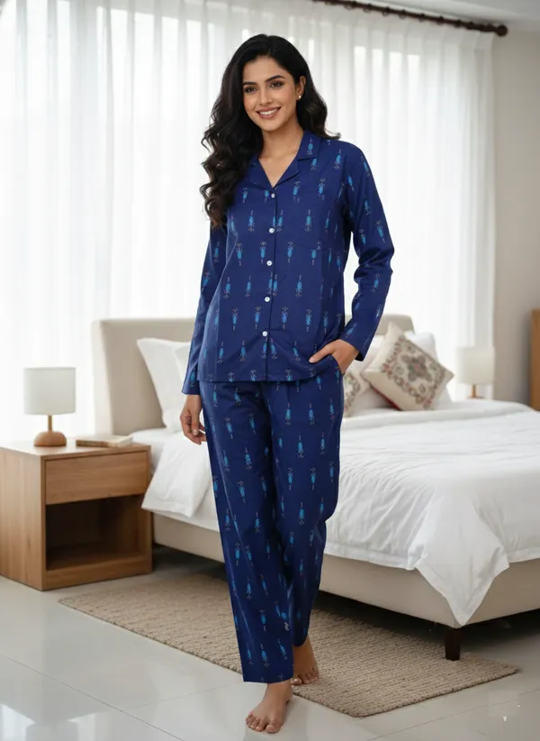 Blue_Trendy_Design_Viscose_Rayon_Printed_Shirt_&_Pyjama_Set_For_Women