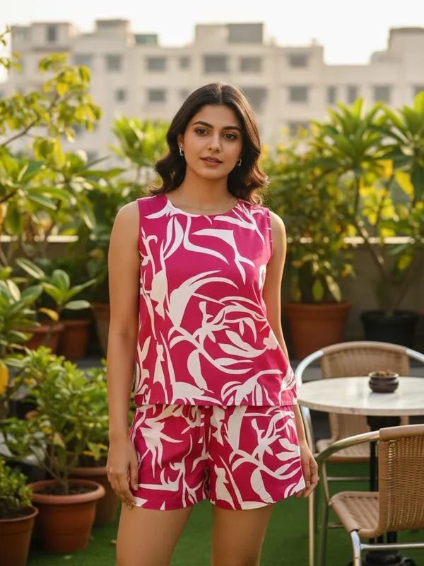Pink_&_White_Trendy_Design_Viscose_Rayon_Printed_Top_&_Shorts_Set_For_Girls