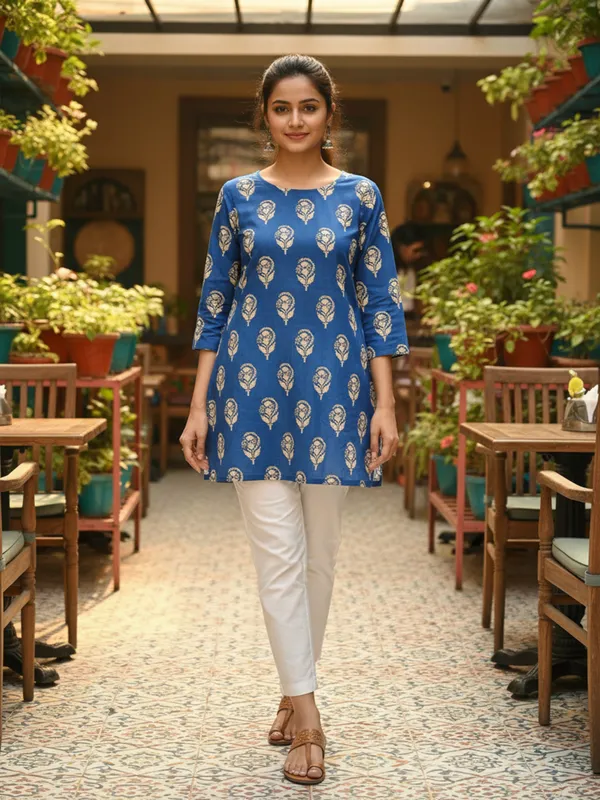 Blue_Trendy_Design_Viscose_Rayon_Formal_Printed_Top_For_Women