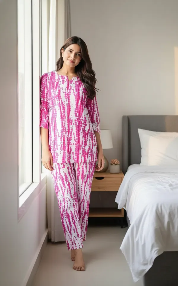 Pink_Trendy_Design_Viscose_Rayon_Polka_Print_Top_&_Pyjama_Set_For_Women