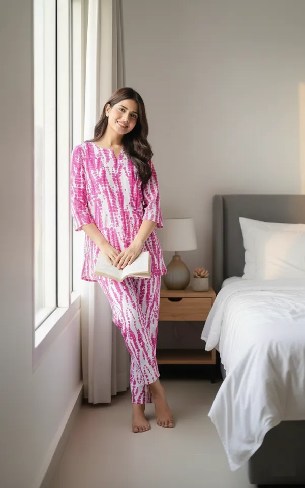 Pink_Trendy_Design_Viscose_Rayon_Polka_Print_Top_&_Pyjama_Set_For_Women