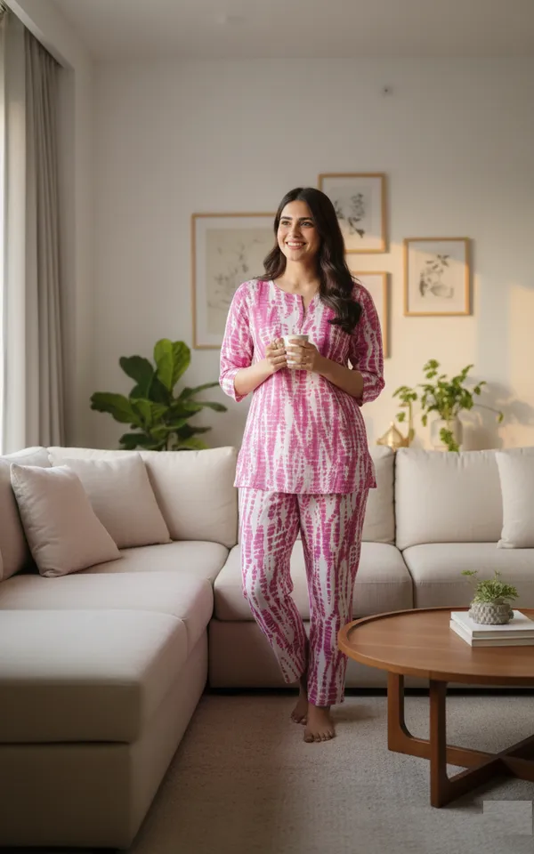 Pink_Trendy_Design_Viscose_Rayon_Polka_Print_Top_&_Pyjama_Set_For_Women