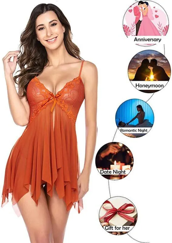 Orange_Net_Self_Design_Babydoll_For_Women