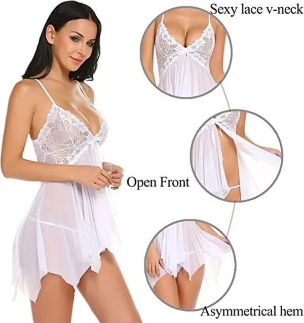 White_Net_Self_Design_Babydoll_For_Women
