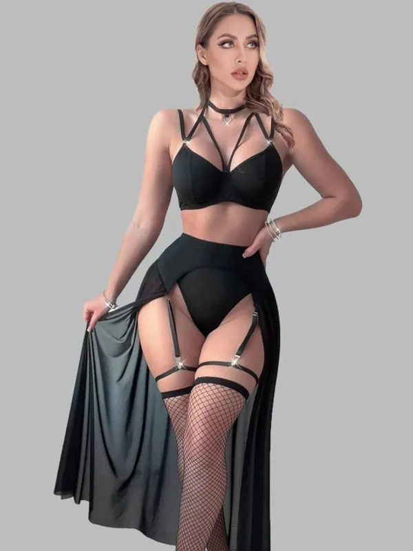 Gothic_Strappy_Lingerie_Set,_Black_Harness_Bra_and_Panty_with__Stockings,_Punk_Style