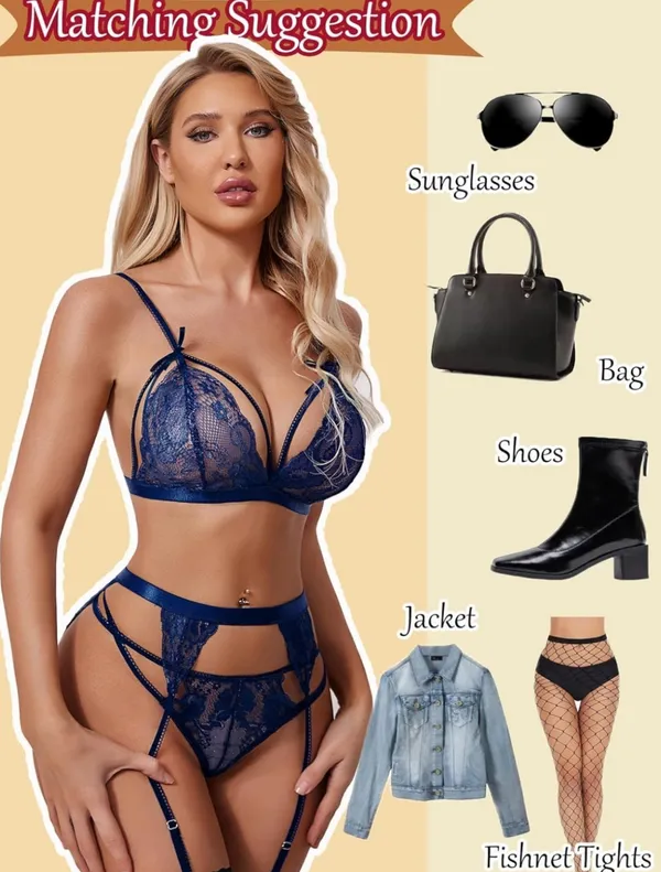 Women_Lingerie_Set_Lace_Teddy_Strap_Babydoll_Bodysuit_with_Garter_Belts,_Bra,_Panty_and_Black_Stocking