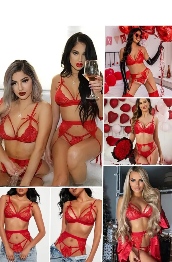 Women_Lingerie_Set_Lace_Teddy_Strap_Babydoll_Bodysuit_with_Garter_Belts,_Bra,_Panty_and_Black_Stocking
