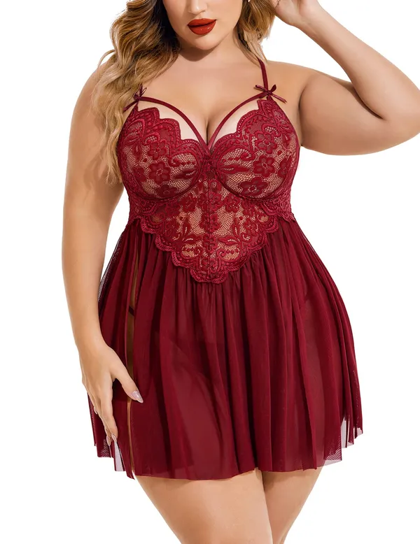 Lingerie_Lace_Babydoll_Womens_Strap_Chemise_Nightgown_V_Neck_Nighty_Mesh_Sleepwear_Side_Slit_Nightdress