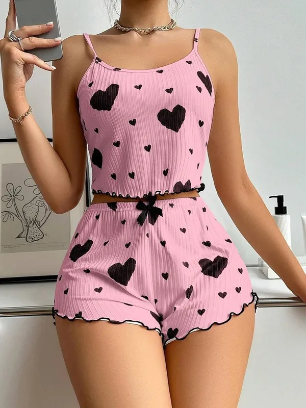 Women�s_Soft_Ribbed_Stretch_Short_Nightsuit_Set,_Lightweight_Comfortable_Sleepwear_for_Girls_&_Women,_Heart_Print_Cami_Top_&_Shorts