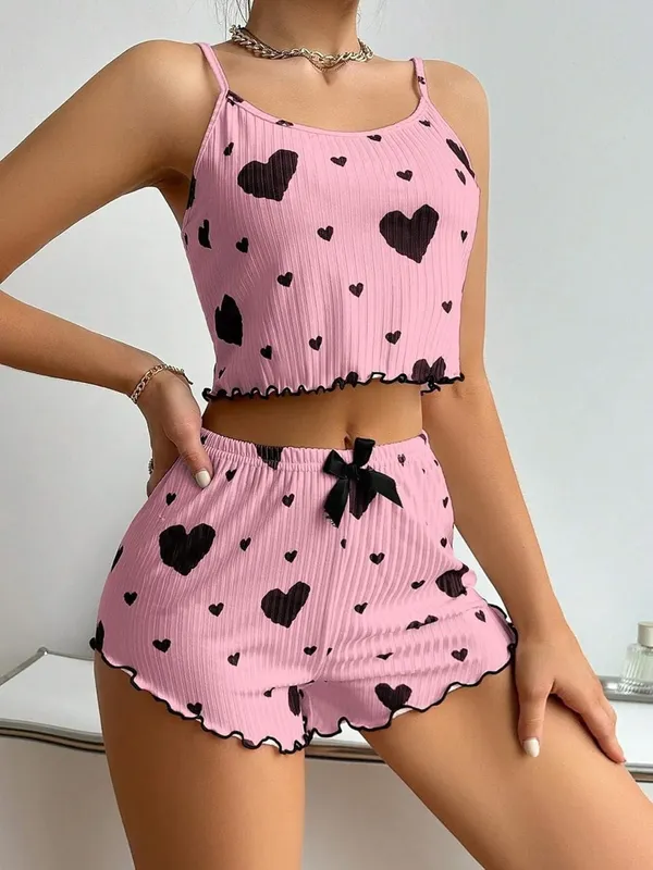 Women�s_Soft_Ribbed_Stretch_Short_Nightsuit_Set,_Lightweight_Comfortable_Sleepwear_for_Girls_&_Women,_Heart_Print_Cami_Top_&_Shorts